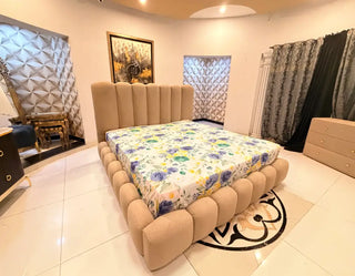 Modern Fluted Luxury Complete Bedroom Set (Beige Chenille)