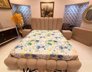 Modern Fluted Luxury Complete Bedroom Set (Beige Chenille)