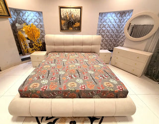 Contemporary Block-Tufted Luxury Complete Bedroom Set (Beige Chenille)