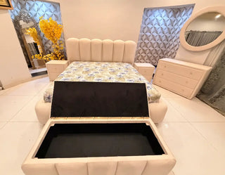 Luxury Velvet Channel-Tufted Complete Bedroom Set with Storage Bench | Bed, 2 Side Tables & Dressing