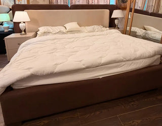 Modern Boucle Bed with Wooden Posish Side Tables Set