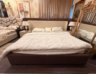 Modern Boucle Bed with Wooden Posish Side Tables Set