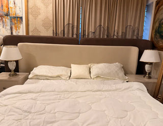 Modern Boucle Bed with Wooden Posish Side Tables Set