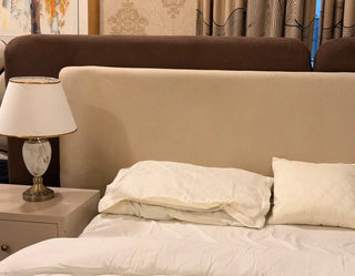 Modern Boucle Bed with Wooden Posish Side Tables Set