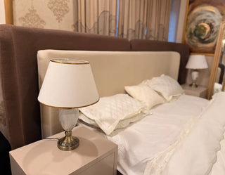 Modern Boucle Bed with Wooden Posish Side Tables Set