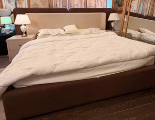 Modern Boucle Bed with Wooden Posish Side Tables Set