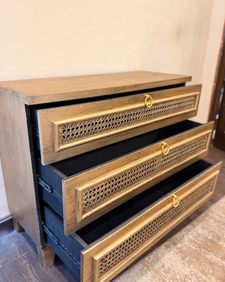 Vintage Rattan 3-Drawer Chest | Wooden Storage Dresser with Gold Ring Handles