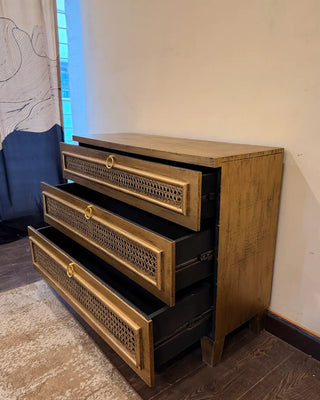 Vintage Rattan 3-Drawer Chest | Wooden Storage Dresser with Gold Ring Handles