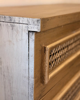 Vintage Rattan 3-Drawer Chest | Wooden Storage Dresser with Gold Ring Handles