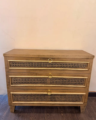Vintage Rattan 3-Drawer Chest | Wooden Storage Dresser with Gold Ring Handles