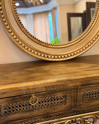 Vintage Console Table with Round Mirror Set | Carved Wooden Entryway Table & Mirror