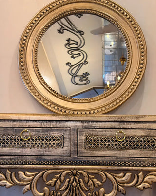 Vintage Console Table with Round Mirror Set | Carved Wooden Entryway Table & Mirror
