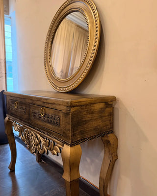 Vintage Console Table with Round Mirror Set | Carved Wooden Entryway Table & Mirror