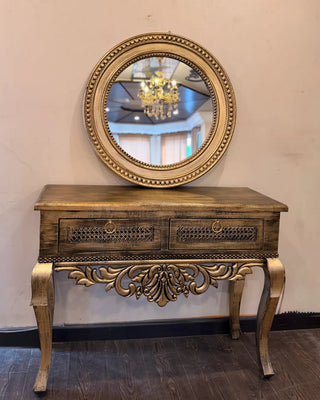 Vintage Console Table with Round Mirror Set | Carved Wooden Entryway Table & Mirror