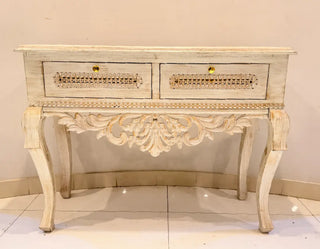 Vintage Distressed White Console Table | Cane Mesh Accent Table
