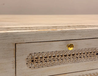 Vintage Distressed White Console Table | Cane Mesh Accent Table