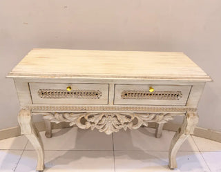 Vintage Distressed White Console Table | Cane Mesh Accent Table