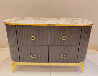 Modern Fluted Console Table with Marble Top & Gold Trim