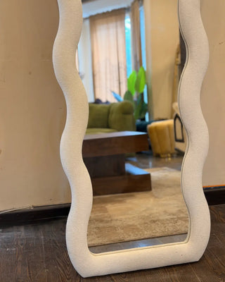 Modern Wavy Full-Length Floor Mirror with Soft Bouclé Upholstered Frame | Aesthetic Home Decor