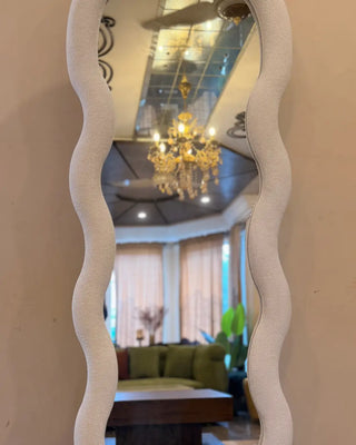 Modern Wavy Full-Length Floor Mirror with Soft Bouclé Upholstered Frame | Aesthetic Home Decor