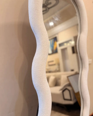 Modern Wavy Full-Length Floor Mirror with Soft Bouclé Upholstered Frame | Aesthetic Home Decor