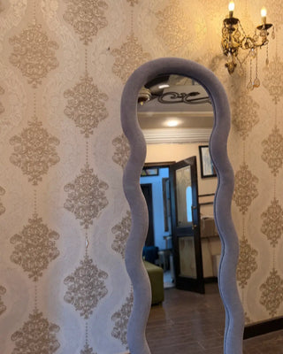 Modern Wavy Full-Length Floor Mirror with Soft Bouclé Upholstered Frame | Aesthetic Home Decor