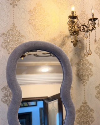 Modern Wavy Full-Length Floor Mirror with Soft Bouclé Upholstered Frame | Aesthetic Home Decor