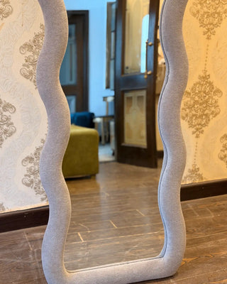 Modern Wavy Full-Length Floor Mirror with Soft Bouclé Upholstered Frame | Aesthetic Home Decor