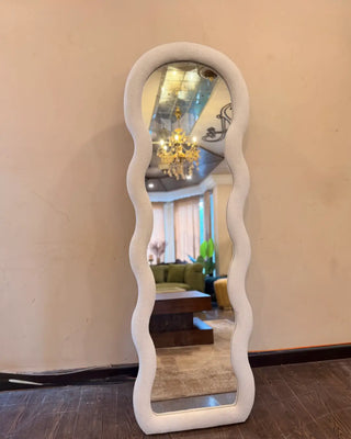 Modern Wavy Full-Length Floor Mirror with Soft Bouclé Upholstered Frame | Aesthetic Home Decor