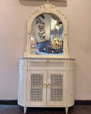 Vintage Distressed Console Cabinet with Matching Arched Wall Mirror | Entryway Storage Set