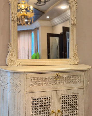 Vintage Distressed Console Cabinet with Matching Arched Wall Mirror | Entryway Storage Set