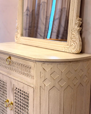 Vintage Distressed Console Cabinet with Matching Arched Wall Mirror | Entryway Storage Set
