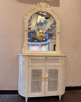 Vintage Distressed Console Cabinet with Matching Arched Wall Mirror | Entryway Storage Set