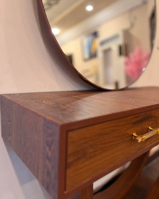 Modern Half-Moon Console Table with Round Wall Mirror | Wooden Entryway Vanity Set