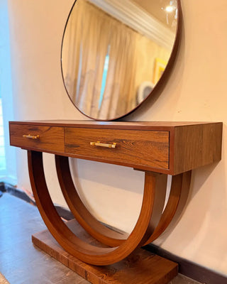 Modern Half-Moon Console Table with Round Wall Mirror | Wooden Entryway Vanity Set