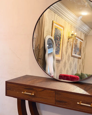 Modern Half-Moon Console Table with Round Wall Mirror | Wooden Entryway Vanity Set