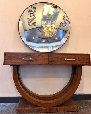 Modern Half-Moon Console Table with Round Wall Mirror | Wooden Entryway Vanity Set