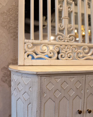 Ornate Scrollwork Arched Wall Mirror with Distressed Credenza Cabinet | Classic Entryway Set