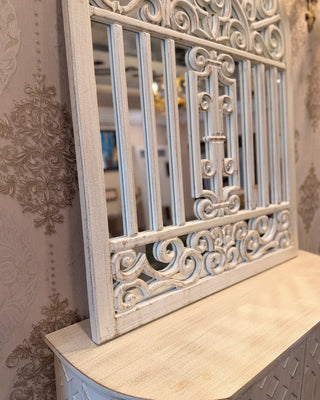 Ornate Scrollwork Arched Wall Mirror with Distressed Credenza Cabinet | Classic Entryway Set