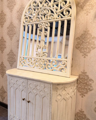 Ornate Scrollwork Arched Wall Mirror with Distressed Credenza Cabinet | Classic Entryway Set