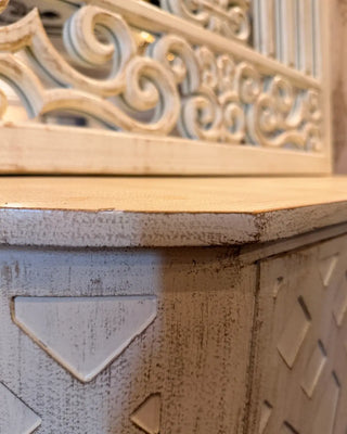 Ornate Scrollwork Arched Wall Mirror with Distressed Credenza Cabinet | Classic Entryway Set