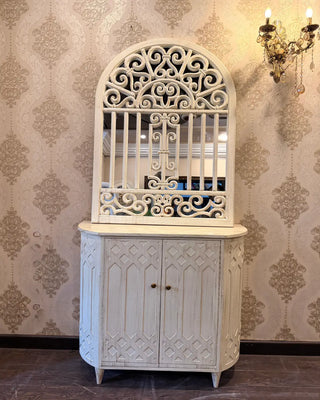 Ornate Scrollwork Arched Wall Mirror with Distressed Credenza Cabinet | Classic Entryway Set