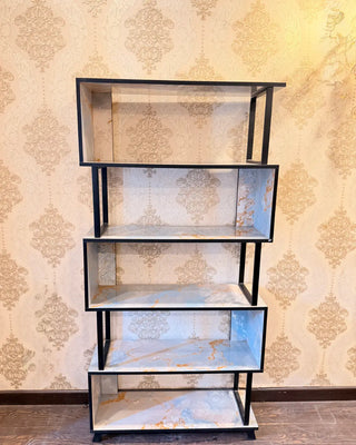 Modern 5-Tier Geometric Bookshelf with Marble-Finish Shelves | Open Display Rack