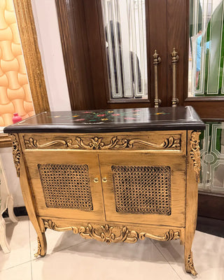 Vintage Gold-Finish Cane Netting Wooden Console Table
