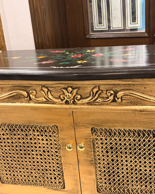 Vintage Gold-Finish Cane Netting Wooden Console Table
