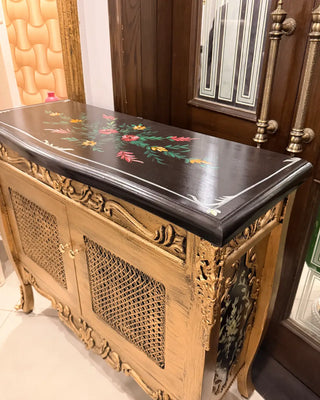 Vintage Gold-Finish Cane Netting Wooden Console Table