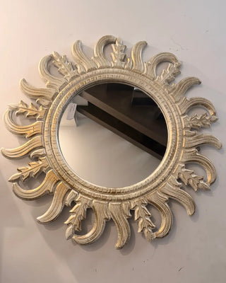 Vintage Carved Sunburst Round Wall Mirror