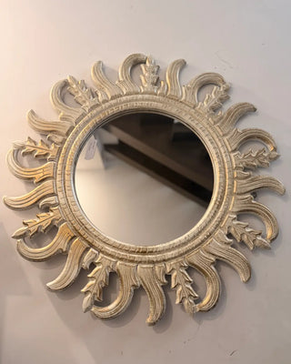 Vintage Carved Sunburst Round Wall Mirror