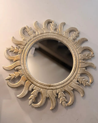 Vintage Carved Sunburst Round Wall Mirror
