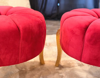 Crimson Bouclé Pleated Round Ottoman Stool | Luxury Vanity Bench with Ornate Gold Legs